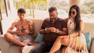 Shameless stepmother fucks her stepson while her husband goes out to take a call - porn video